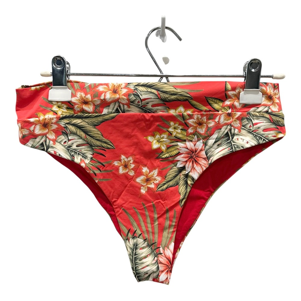 Banana Moon Red Tropical Floral High Waisted Bikini Bottoms Women Size 8 L